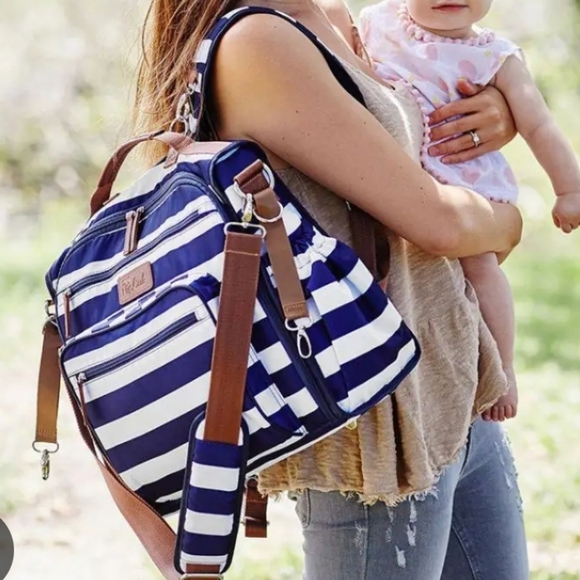 Hip Cub Navy and White Striped Bag with Brown Accents - Picture 11 of 11